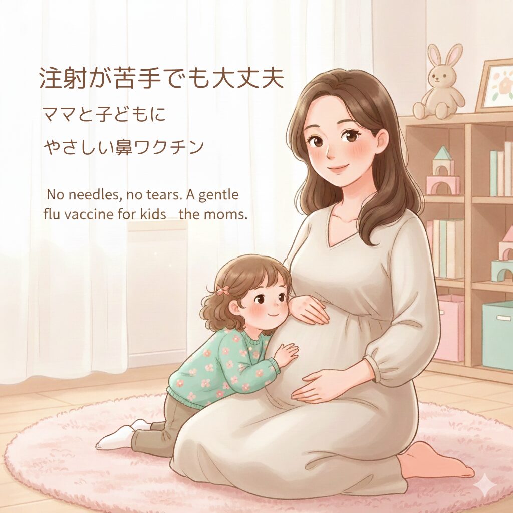 妊娠中のママと子どもが笑顔で寄り添う、鼻ワクチン紹介アイキャッチ