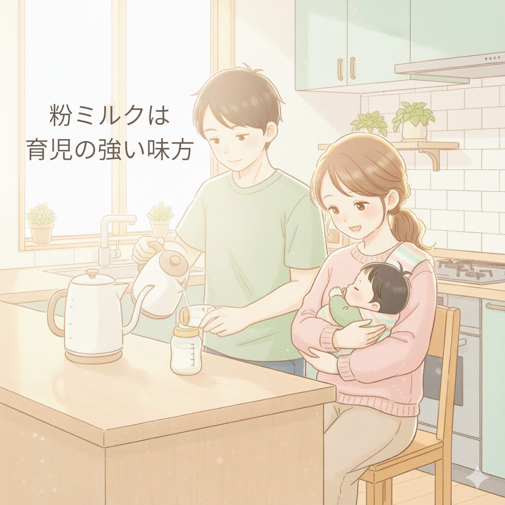 粉ミルクを準備する笑顔のパパママと赤ちゃんの温かい日常風景