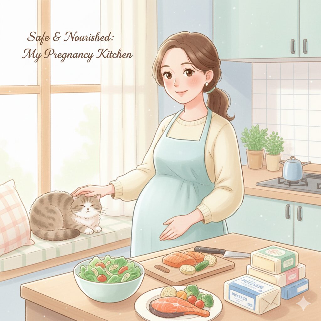 妊娠中の女性が猫と一緒に過ごしながら、生ものを避けて安全に食事を準備している様子